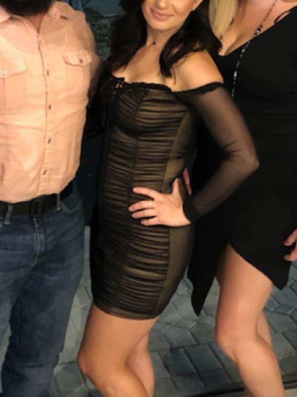Off the shoulder mini dress in black and nude.